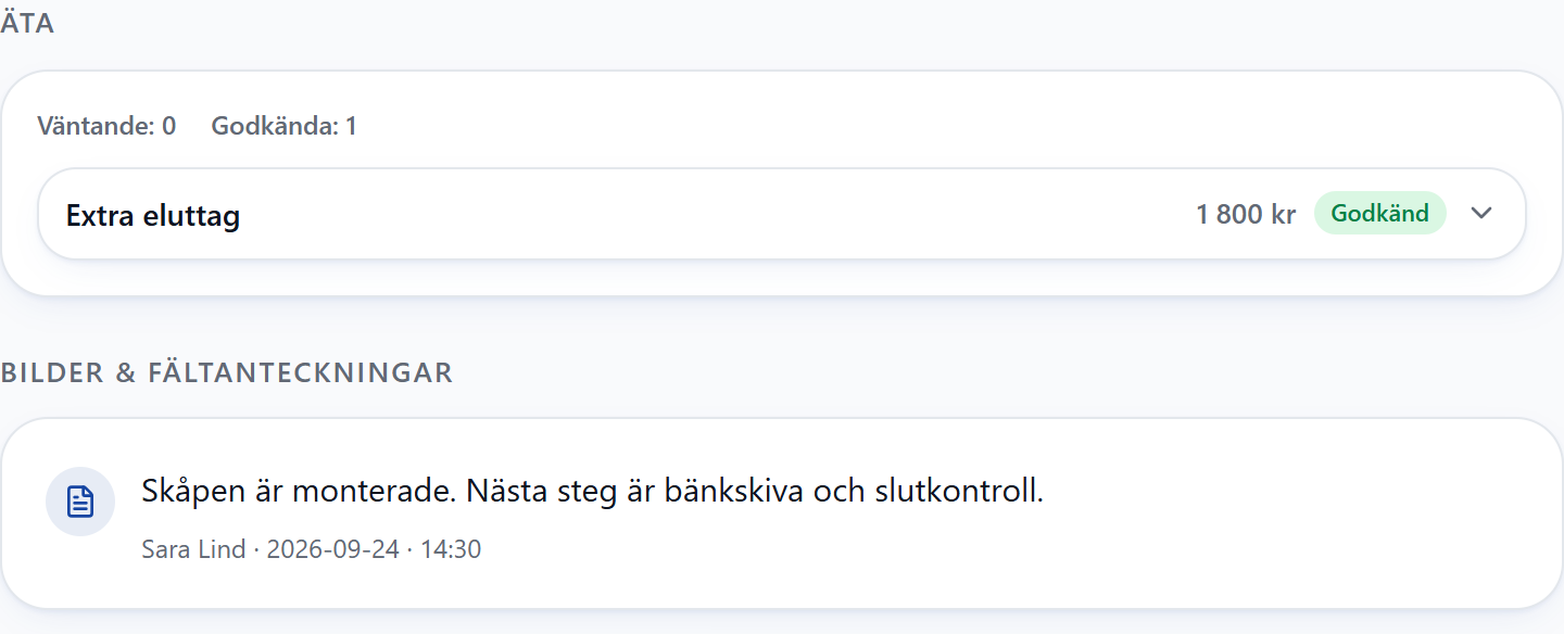 Utdrag ur uppdragets rapport med godkänd ÄTA och en daterad fältanteckning av Sara Lind. Fiktiva exempeluppgifter.