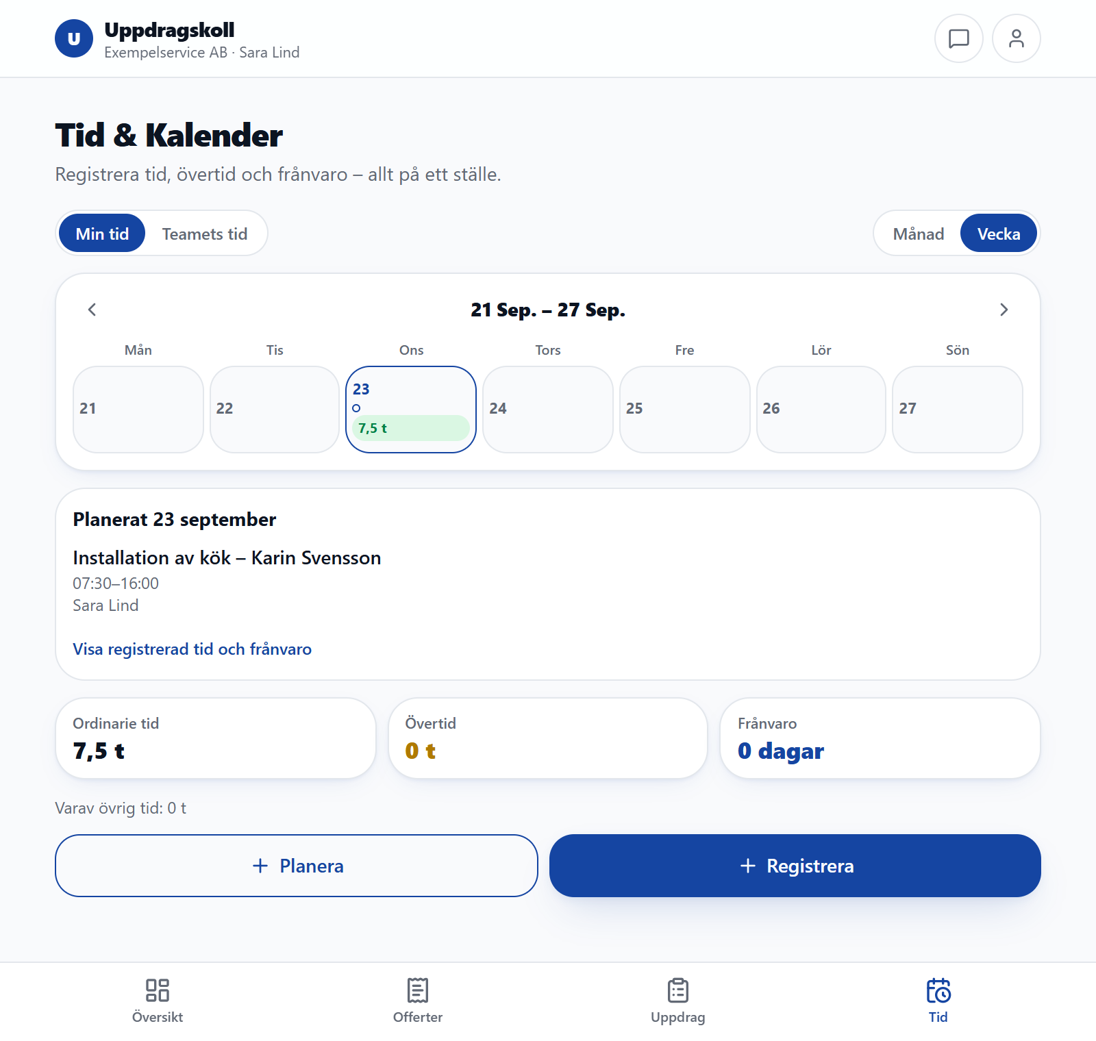 Tid & Kalender i veckovy med planerat uppdrag, rapporterade timmar och knapparna Planera och Registrera.