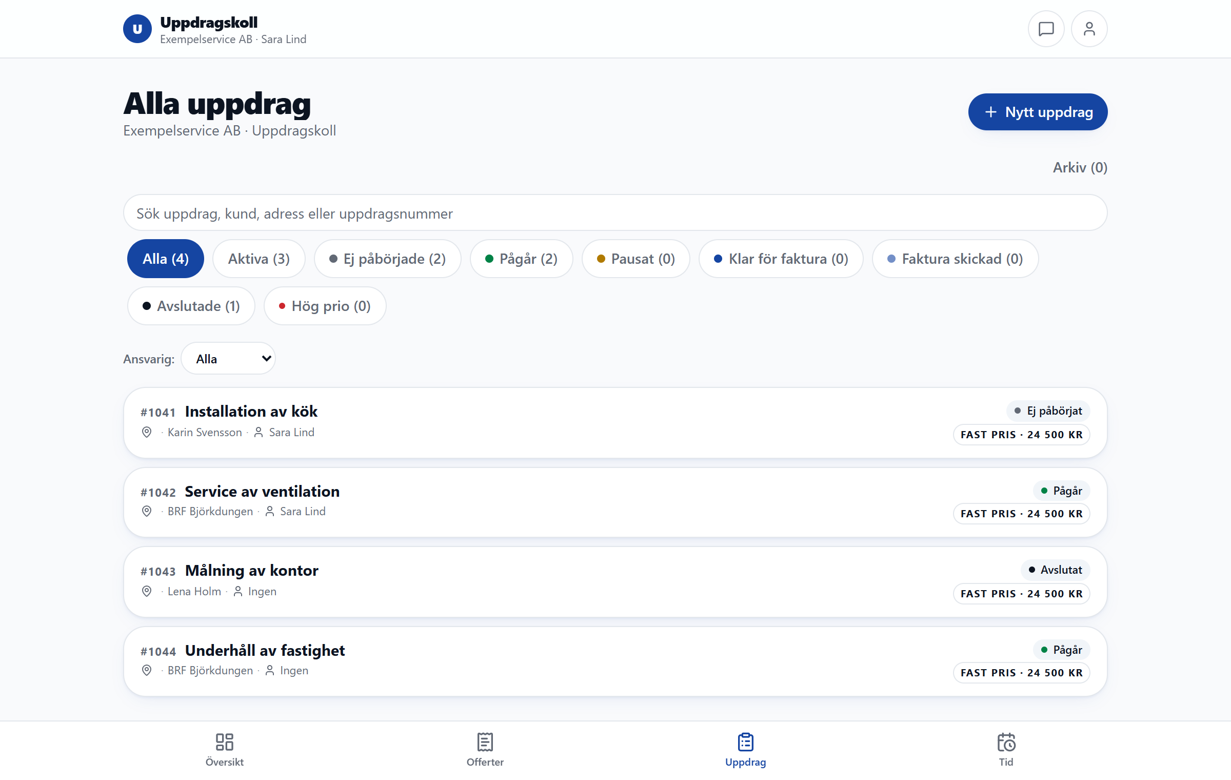 Uppdragskolls uppdragslista med ansvariga och status för varje jobb.